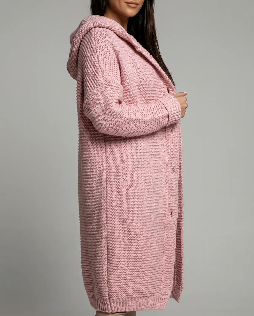 Women's Hooded Cardigan with Oversized Fit & Ribbed Knit Cuffs - Side Detail