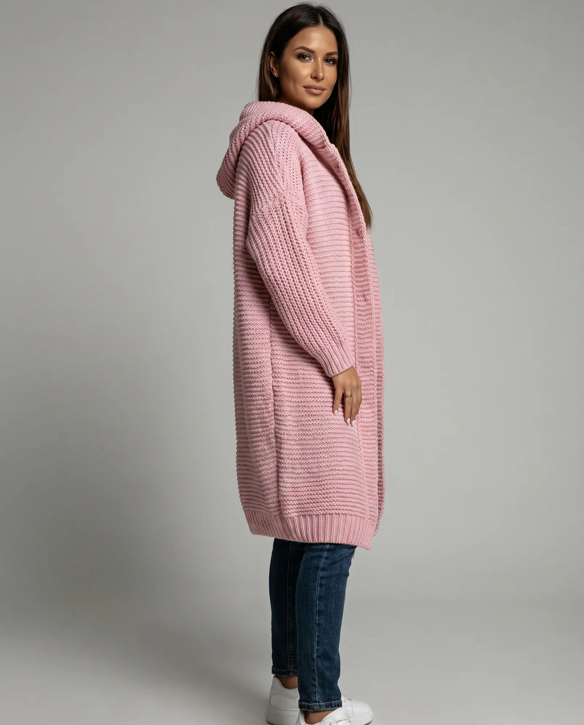 Women's Hooded Cardigan with Oversized Fit & Ribbed Knit Cuffs - Side Pose