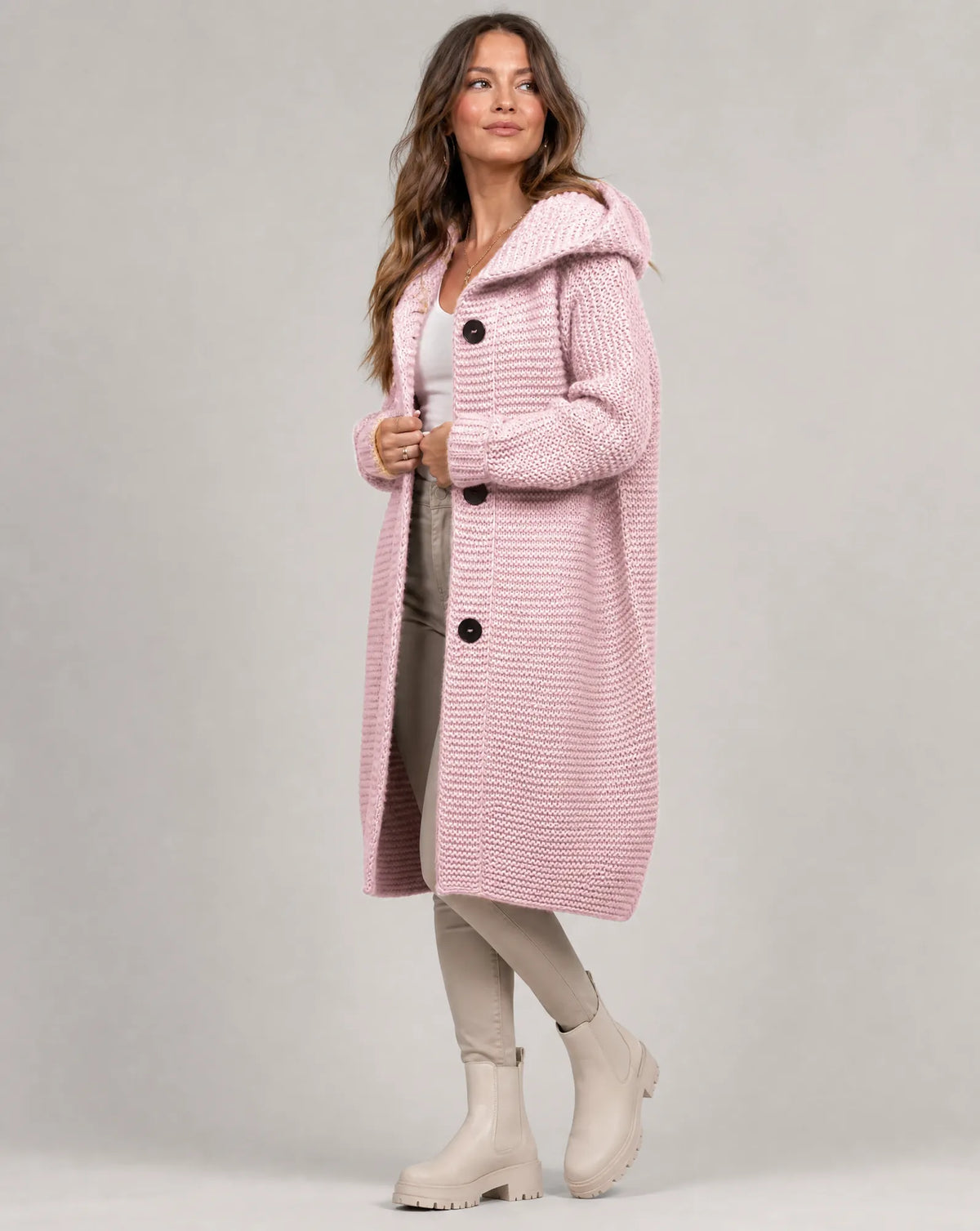 Women's Hooded Cardigan with Oversized Fit & Ribbed Knit Cuffs - Side Walking