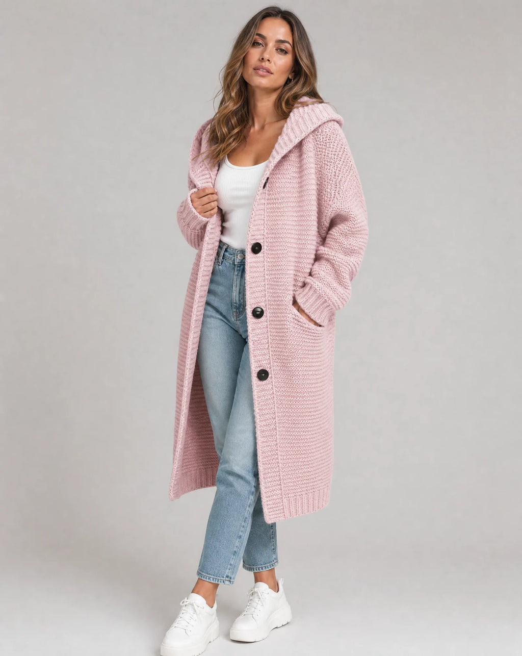 Pink Women's Hooded Cardigan with Oversized Fit & Ribbed Knit Cuffs