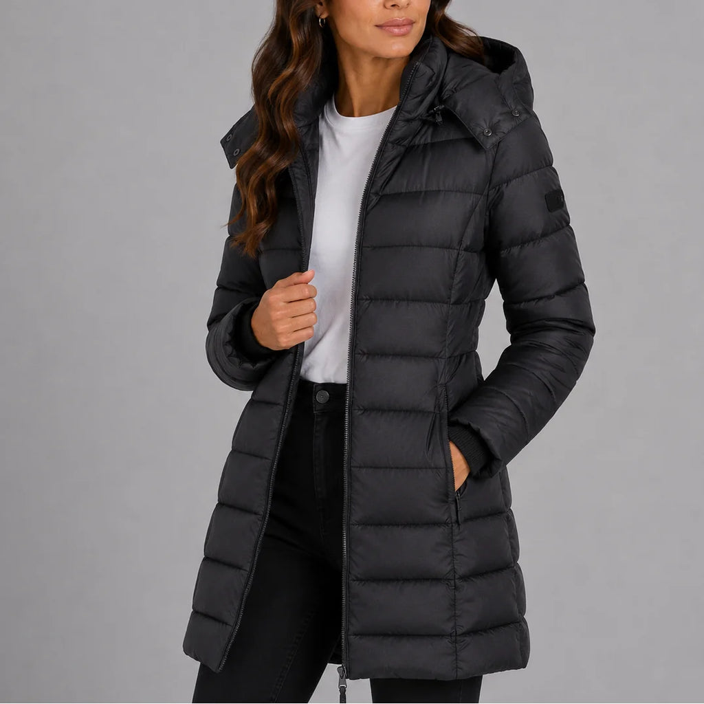 Black Women's Hooded Puffer Coat with Insulated Quilted Finish & Longline Hem