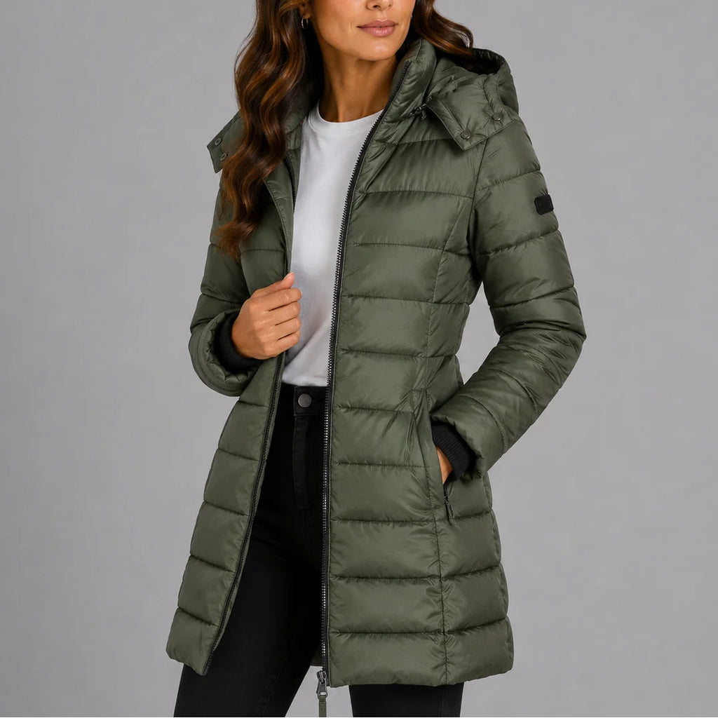 Green Women's Hooded Puffer Coat with Insulated Quilted Finish & Longline Hem