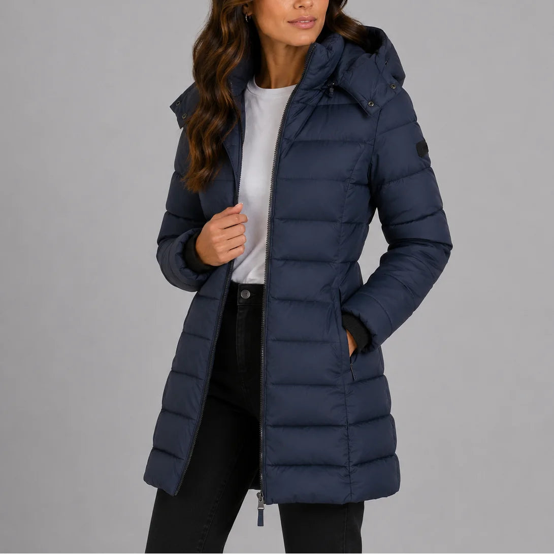 Women's Hooded Puffer Coat with Insulated Quilted Finish & Longline Hem - Front Close Zip