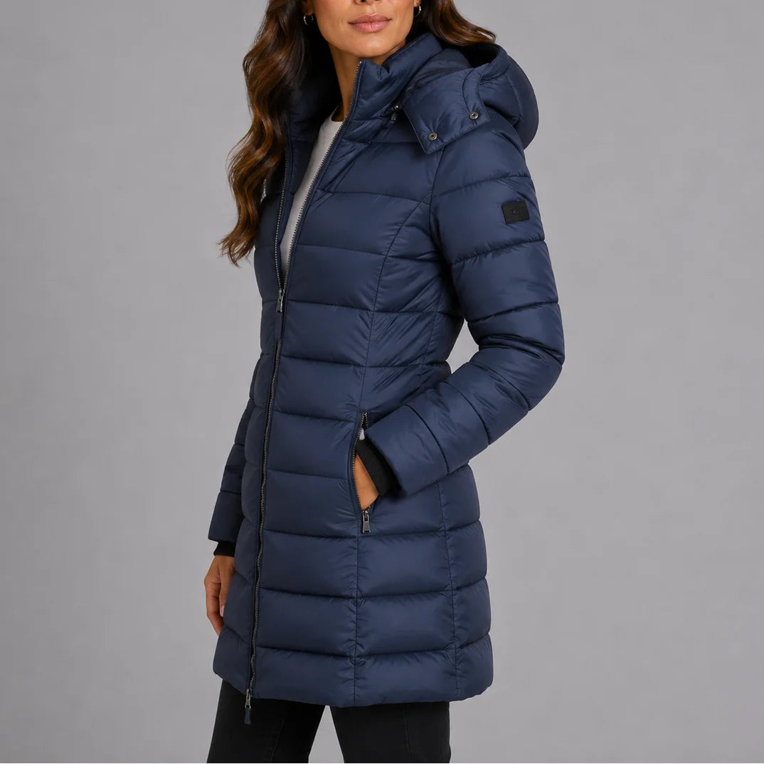 Women's Hooded Puffer Coat with Insulated Quilted Finish & Longline Hem - Side Pose Pocket