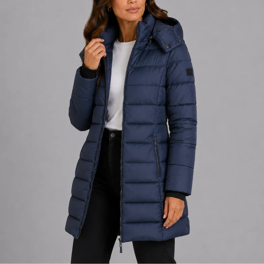 Navy Women's Hooded Puffer Coat with Insulated Quilted Finish & Longline Hem