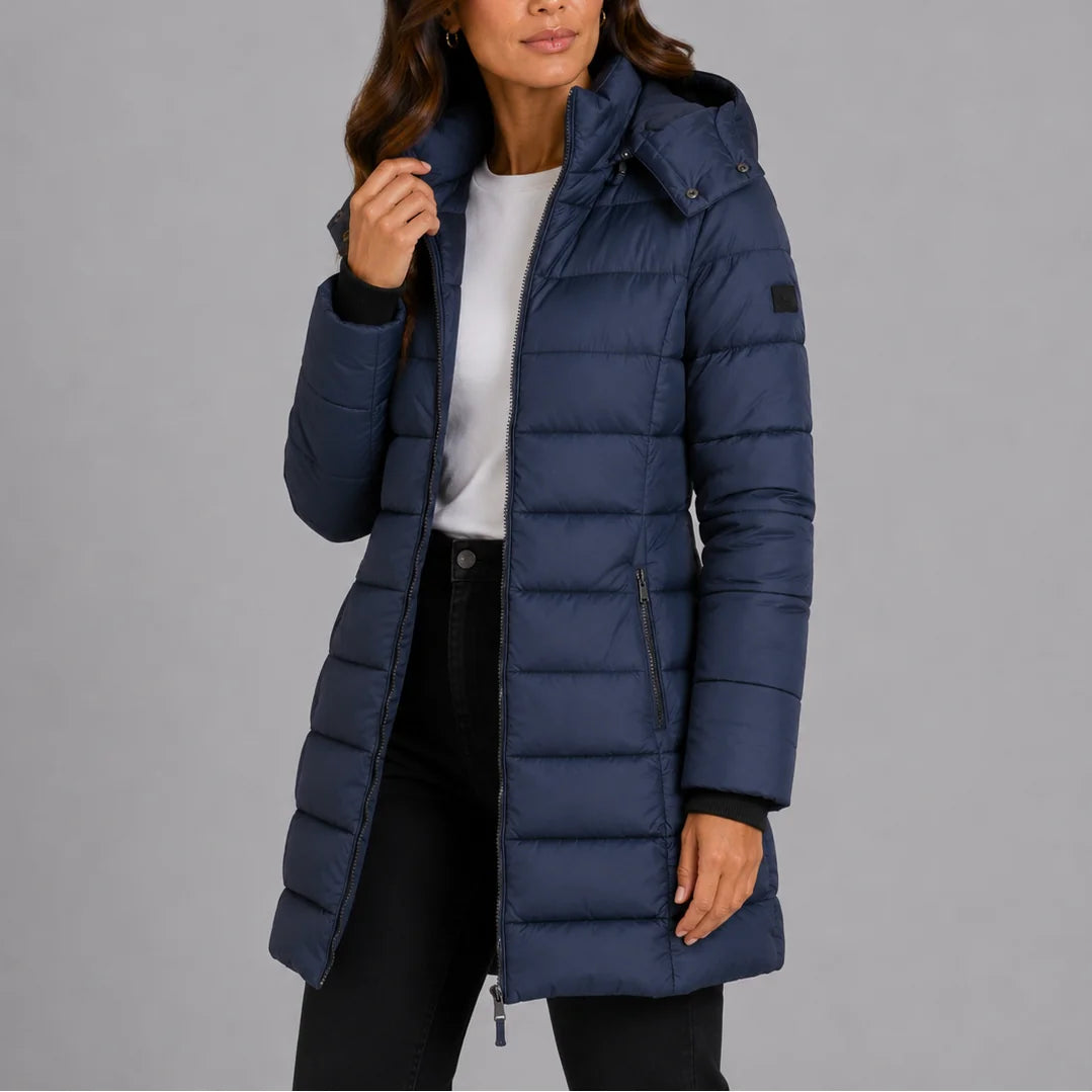 Navy Women's Hooded Puffer Coat with Insulated Quilted Finish & Longline Hem