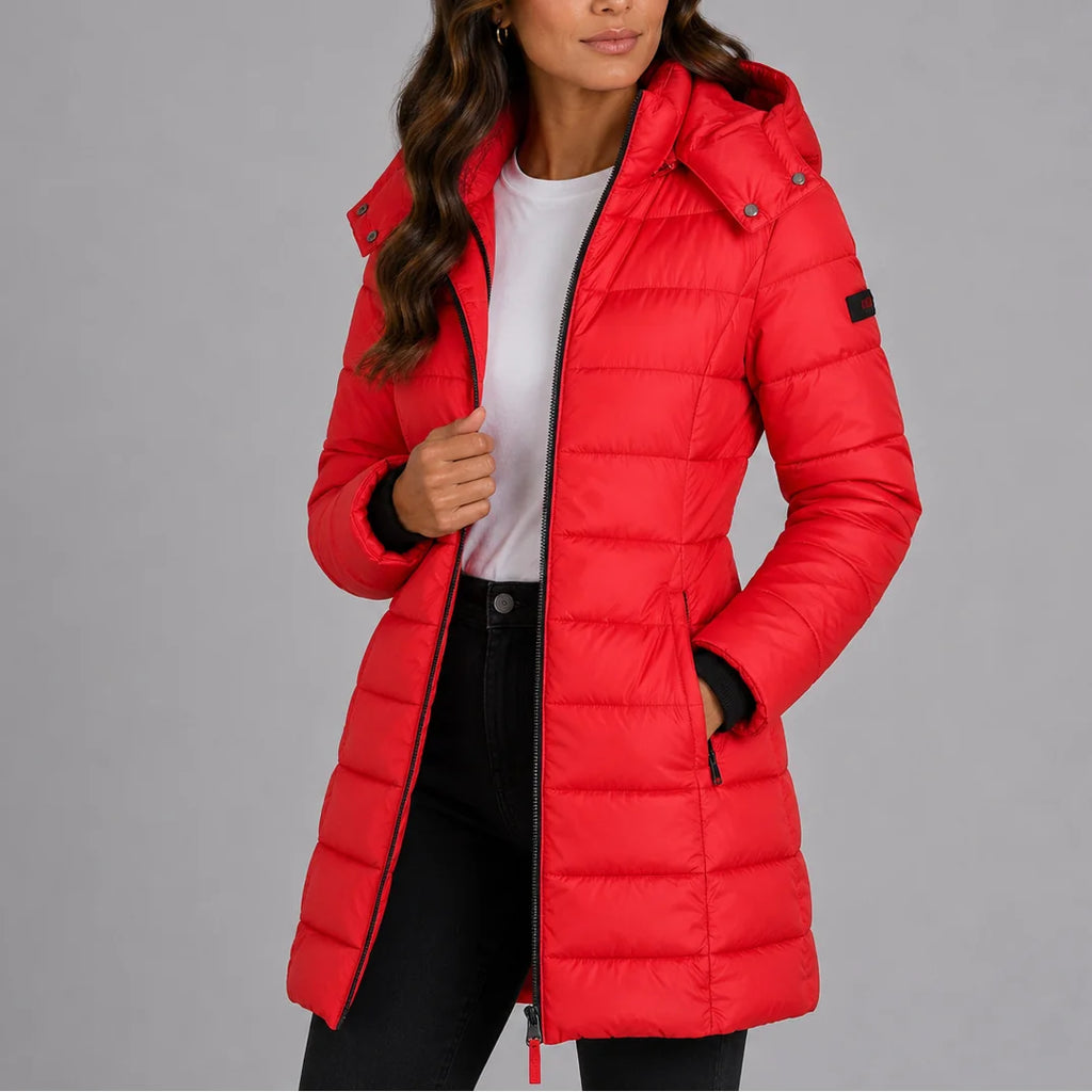 Red Women's Hooded Puffer Coat with Insulated Quilted Finish & Longline Hem