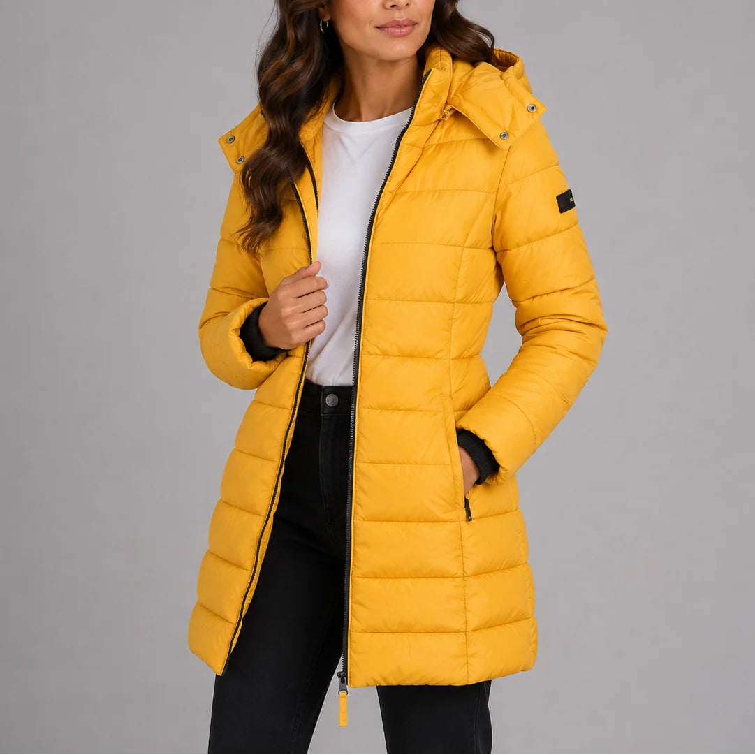 Yellow Women's Hooded Puffer Coat with Insulated Quilted Finish & Longline Hem