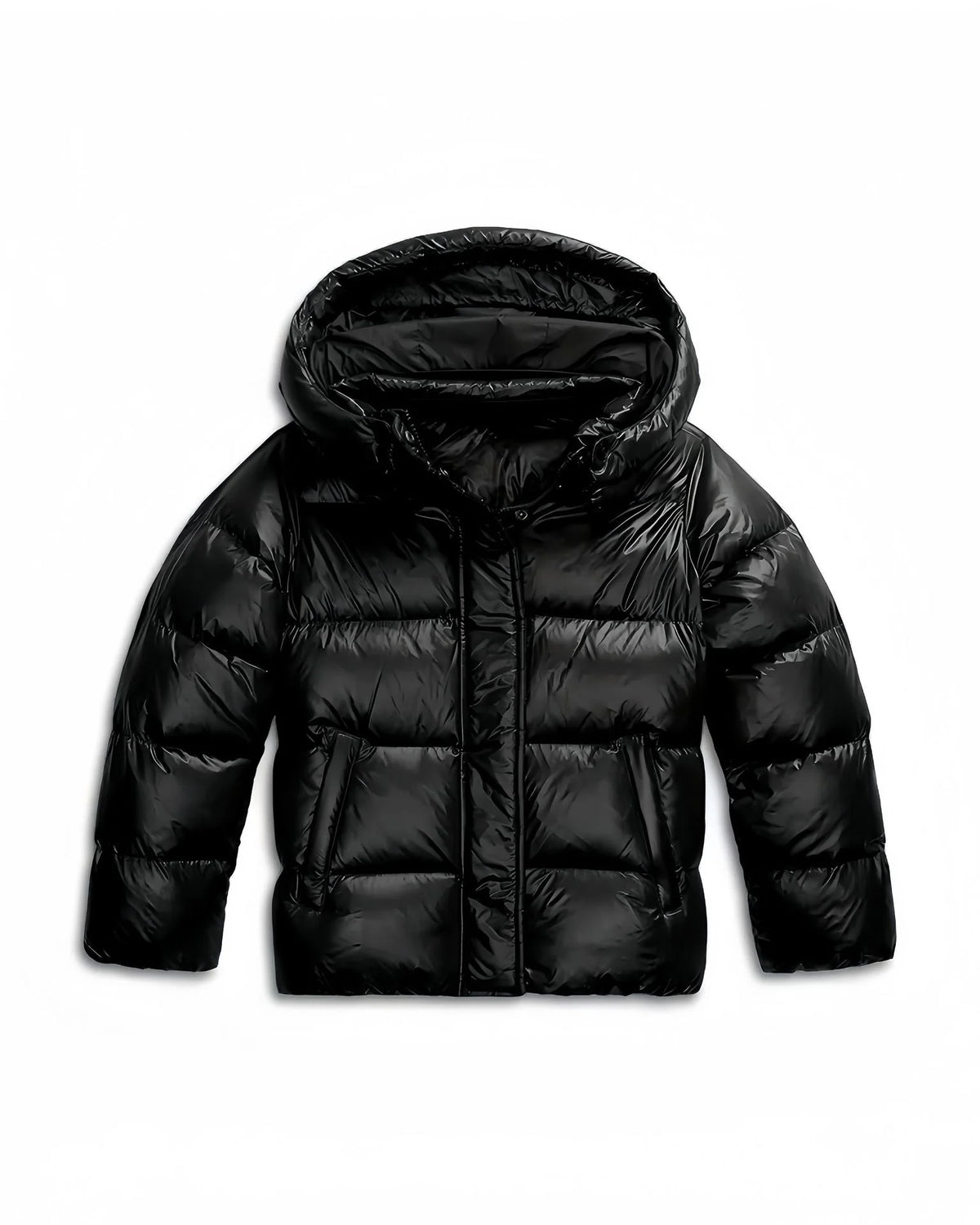 Black Women's Hooded Winter Jacket with Padded Comfort & Zip Pockets