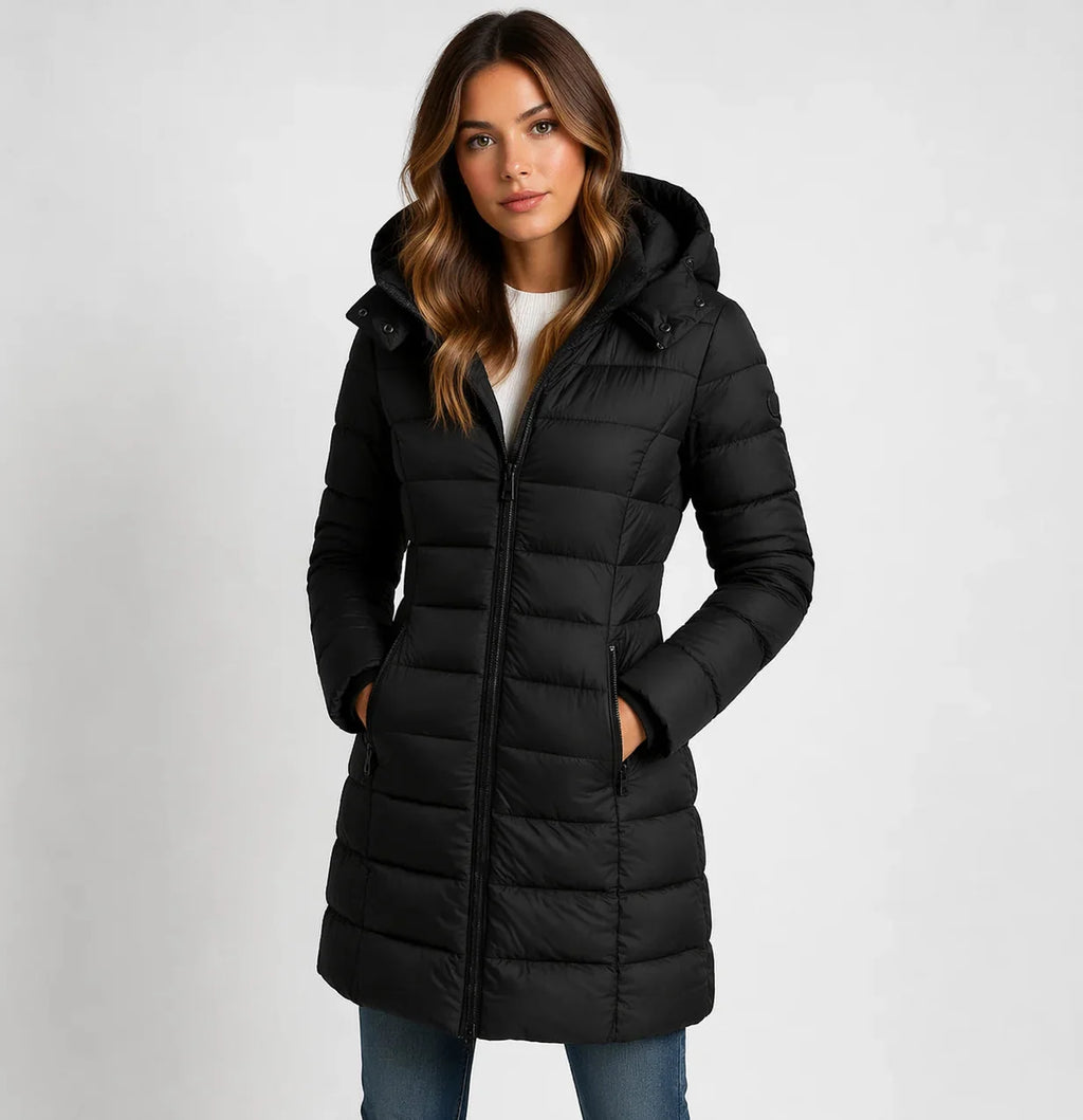 Black Women's Hooded Puffer Jacket with Zip Pockets & Lightweight Warmth — Layla
