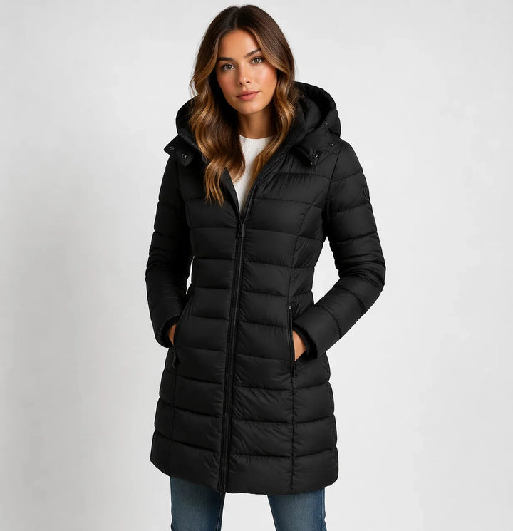 Black Women's Hooded Puffer Jacket with Zip Pockets & Lightweight Warmth — Layla