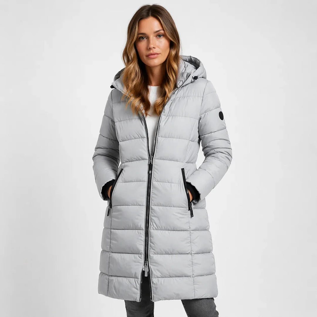 Grey Women's Hooded Puffer Jacket with Zip Pockets & Lightweight Warmth