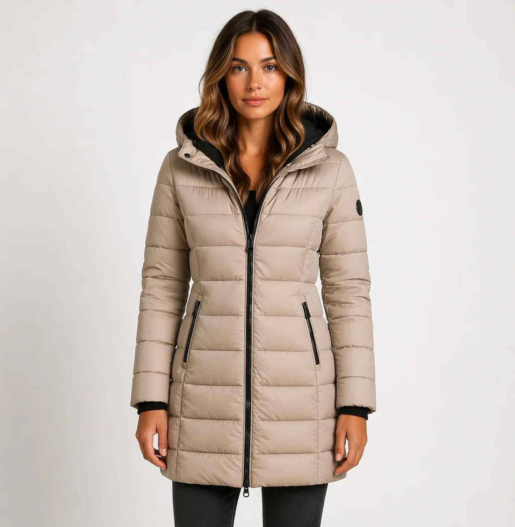 Khaki Women's Hooded Puffer Jacket with Zip Pockets & Lightweight Warmth — Layla