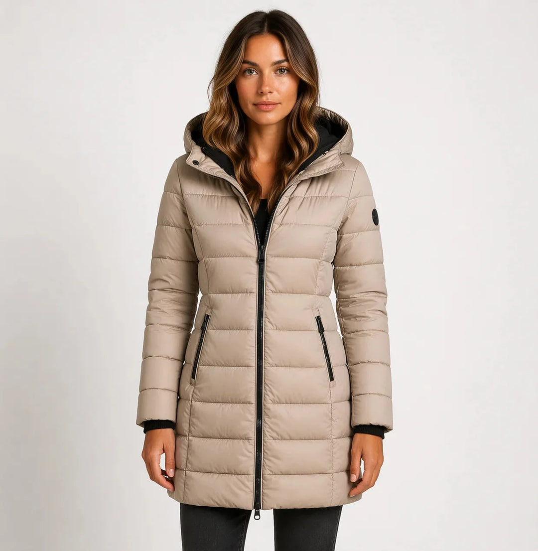 Khaki Women's Hooded Puffer Jacket with Zip Pockets & Lightweight Warmth — Layla