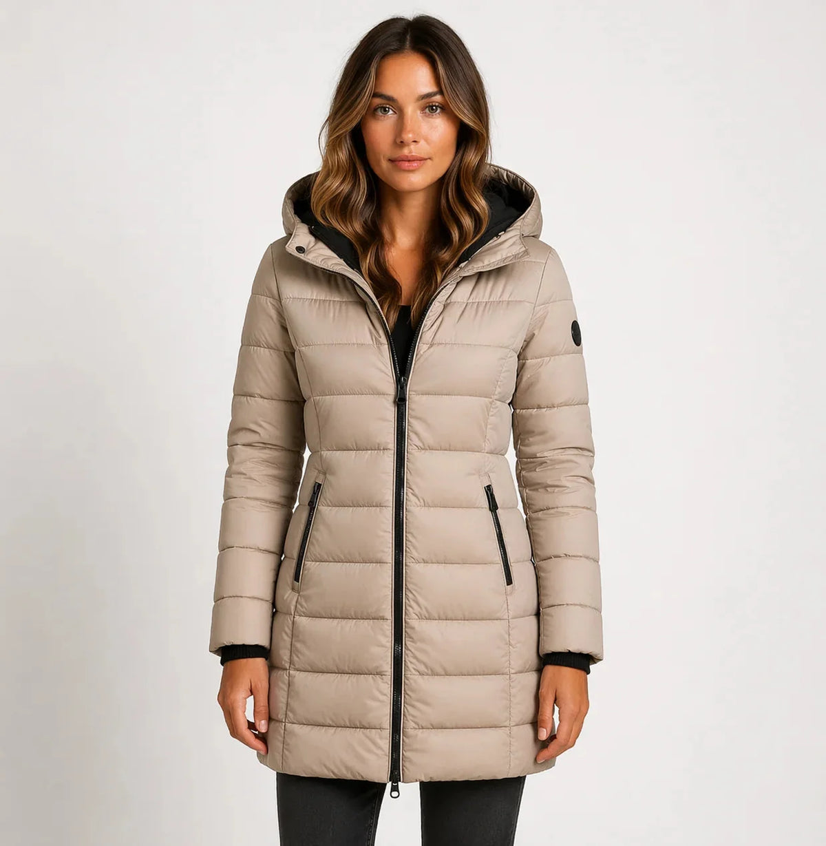 Khaki Women's Hooded Puffer Jacket with Zip Pockets & Lightweight Warmth — Layla
