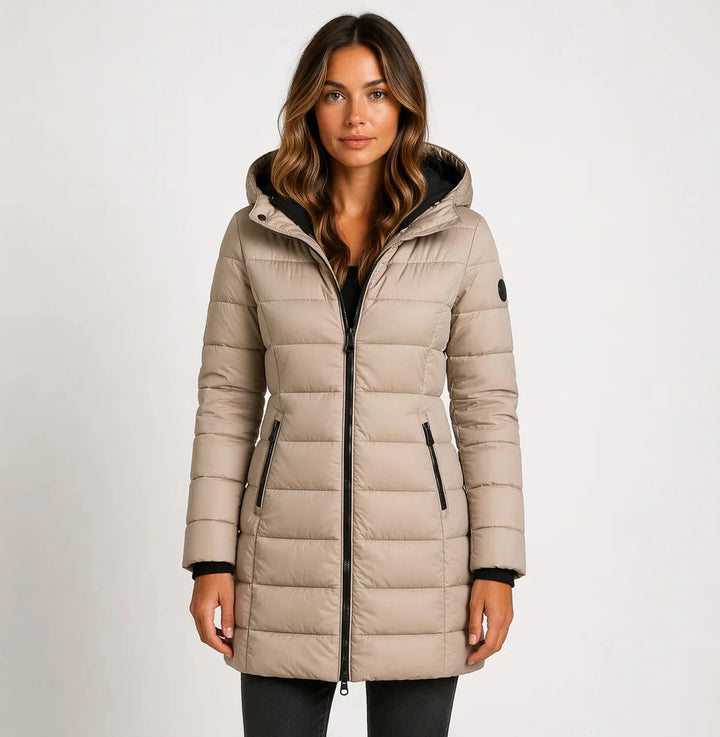 Khaki Women's Hooded Puffer Jacket with Zip Pockets & Lightweight Warmth — Layla