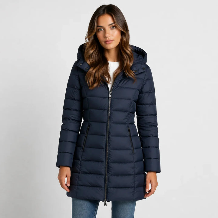 Navy Blue Women's Hooded Puffer Jacket with Zip Pockets & Lightweight Warmth
