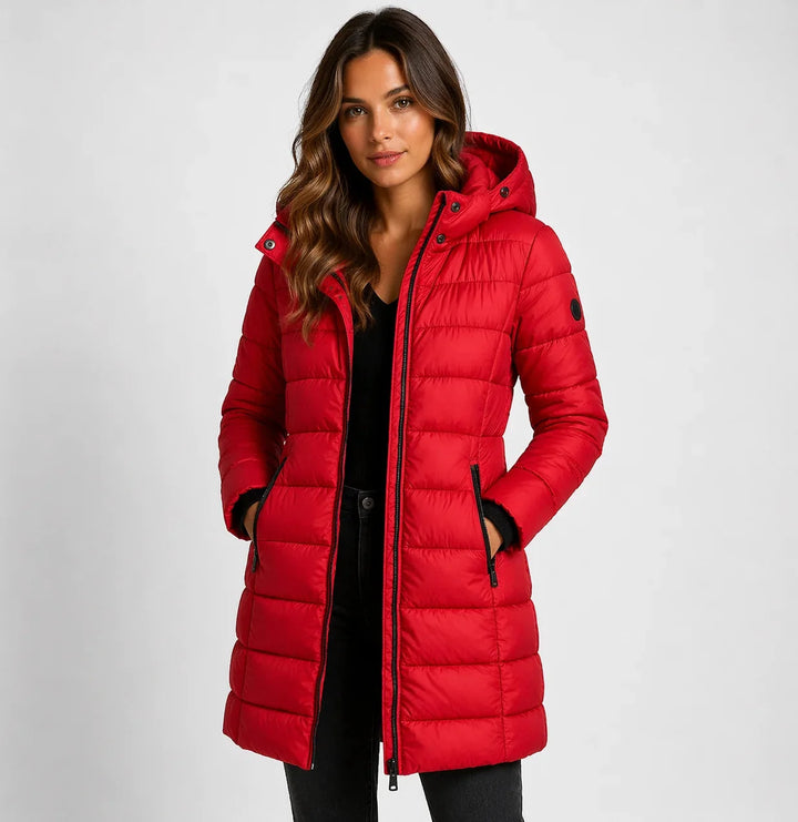 Red Women's Hooded Puffer Jacket with Zip Pockets & Lightweight Warmth