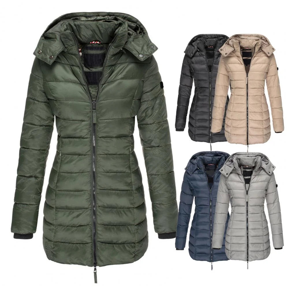 Women's Hooded Quilted Longline Jacket with Fitted Waist - Green Front Full Group Main