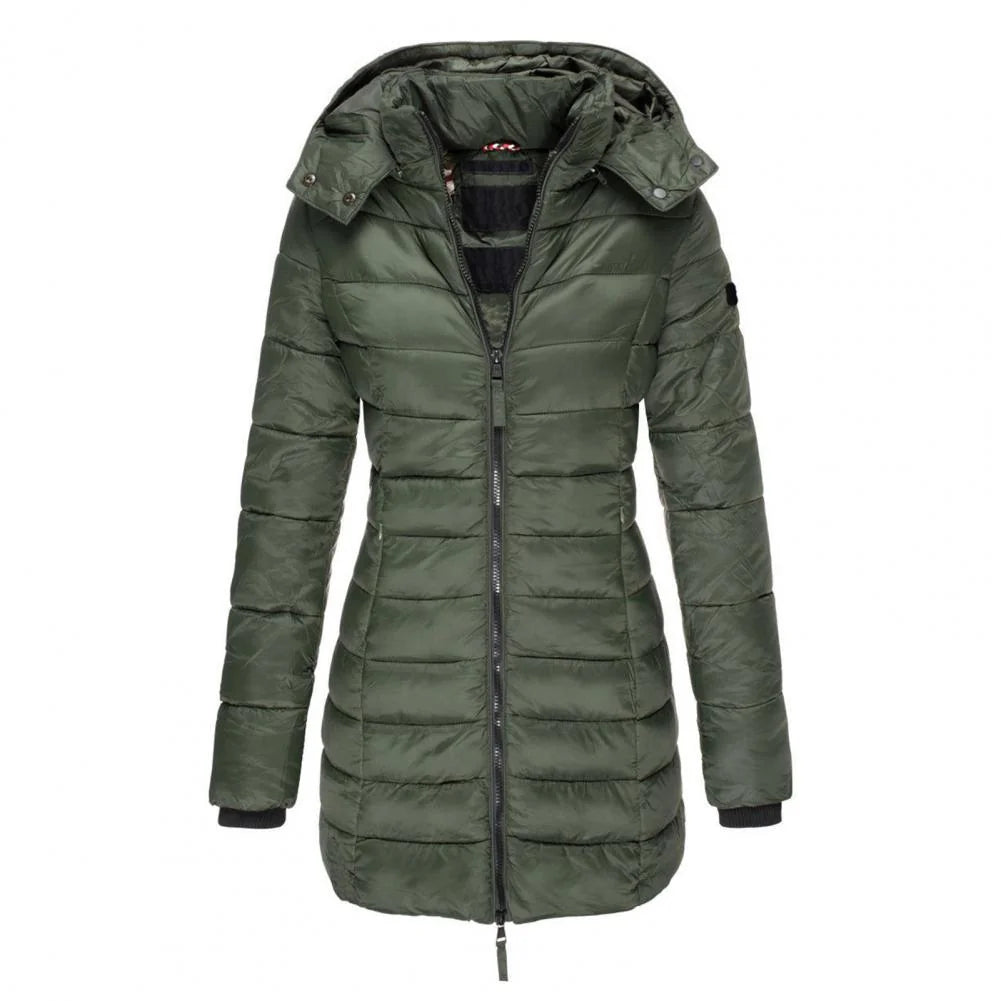 Army Green Women's Hooded Quilted Longline Jacket with Fitted Waist - Front Full