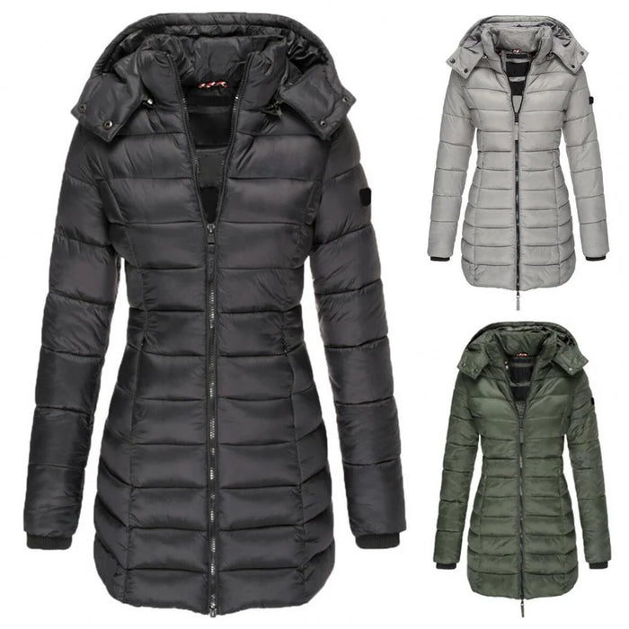 Black Women's Hooded Quilted Longline Jacket with Fitted Waist - Front Full Trio