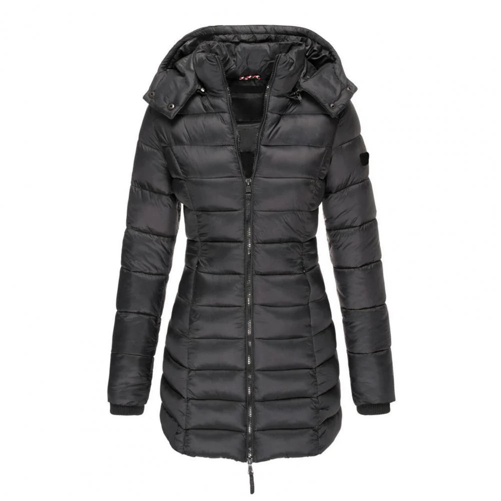Black Women's Hooded Quilted Longline Jacket with Fitted Waist