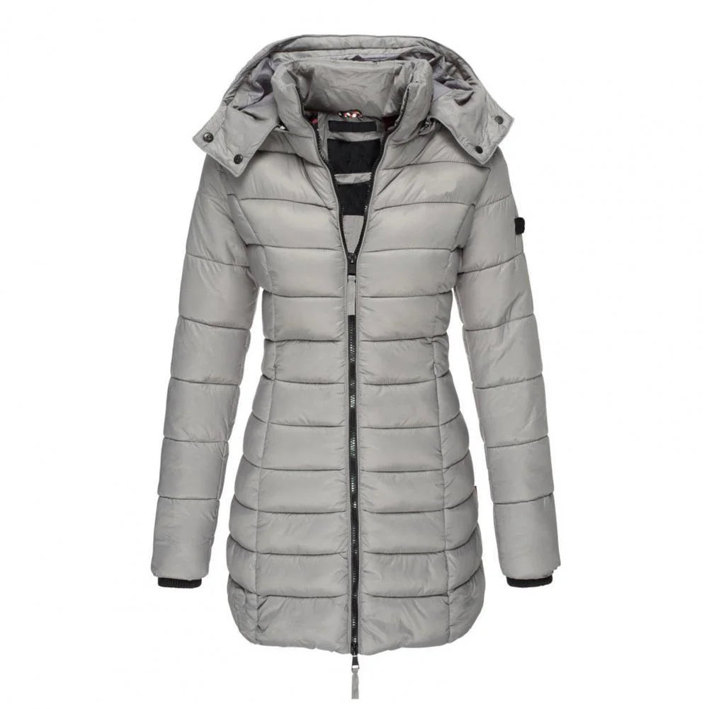 Grey Women's Hooded Quilted Longline Jacket with Fitted Waist