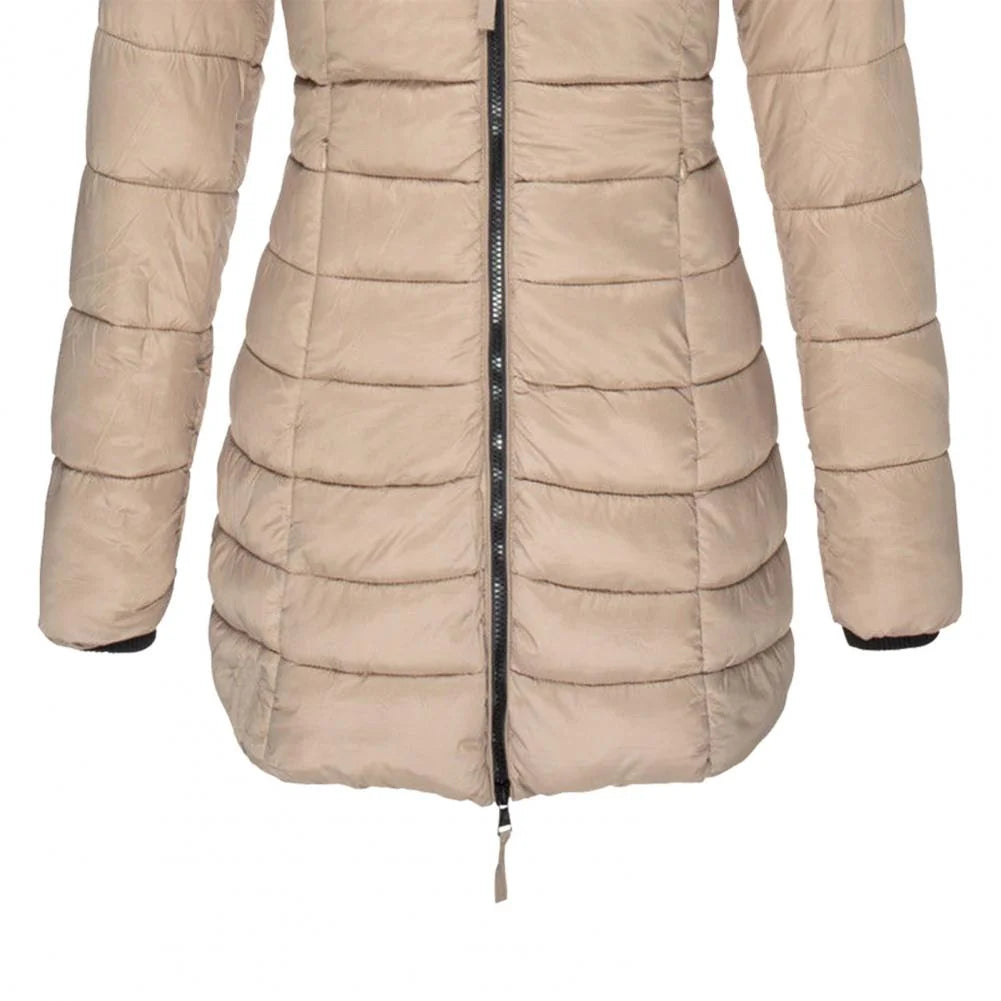 Women's Hooded Quilted Longline Jacket with Fitted Waist - Close Up Hem Zipper