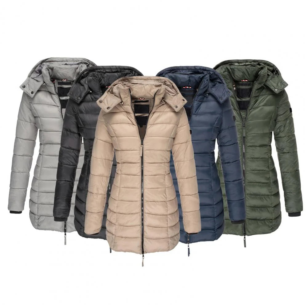 Khaki Women's Hooded Quilted Longline Jacket with Fitted Waist - Front Full Quintet