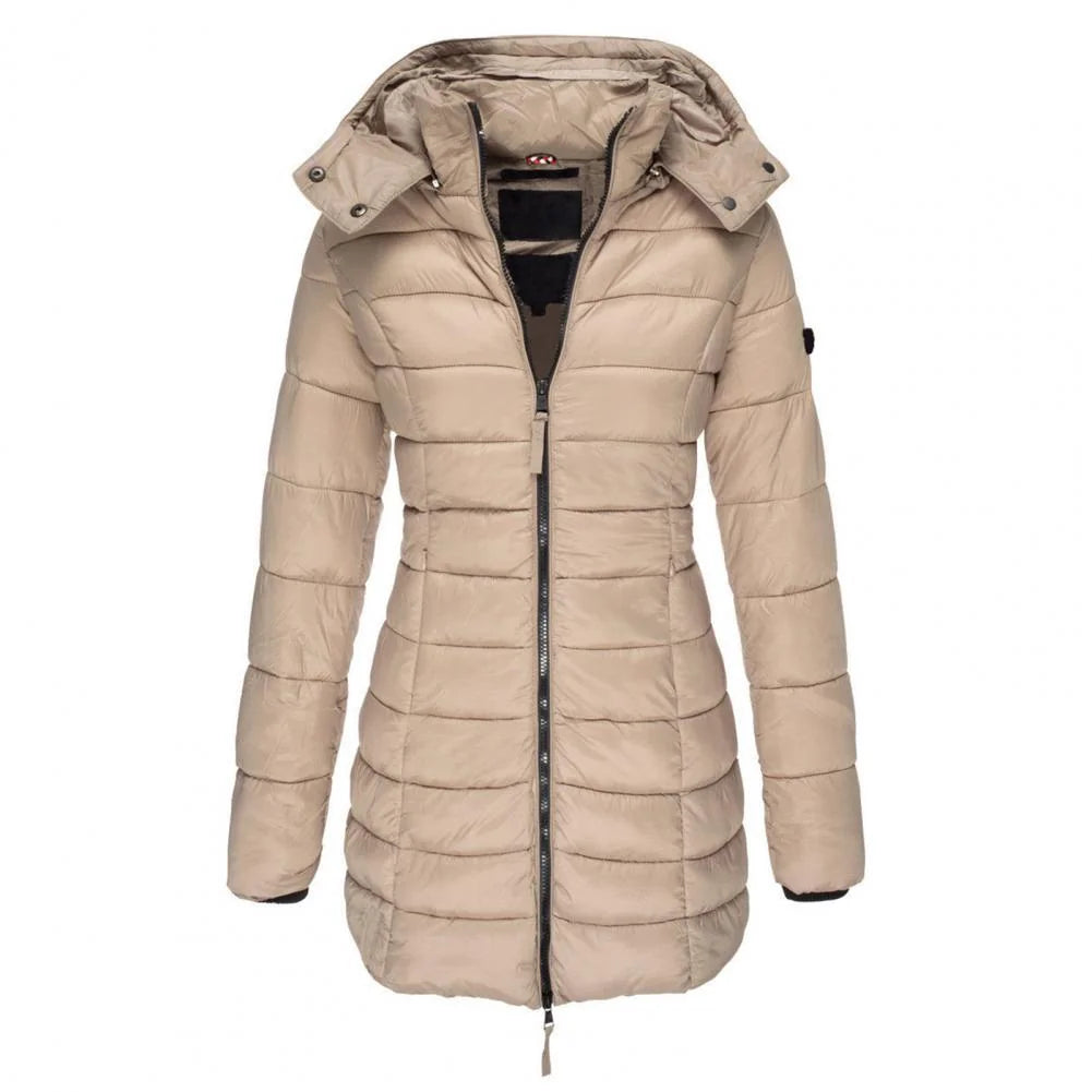Khaki Women's Hooded Quilted Longline Jacket with Fitted Waist