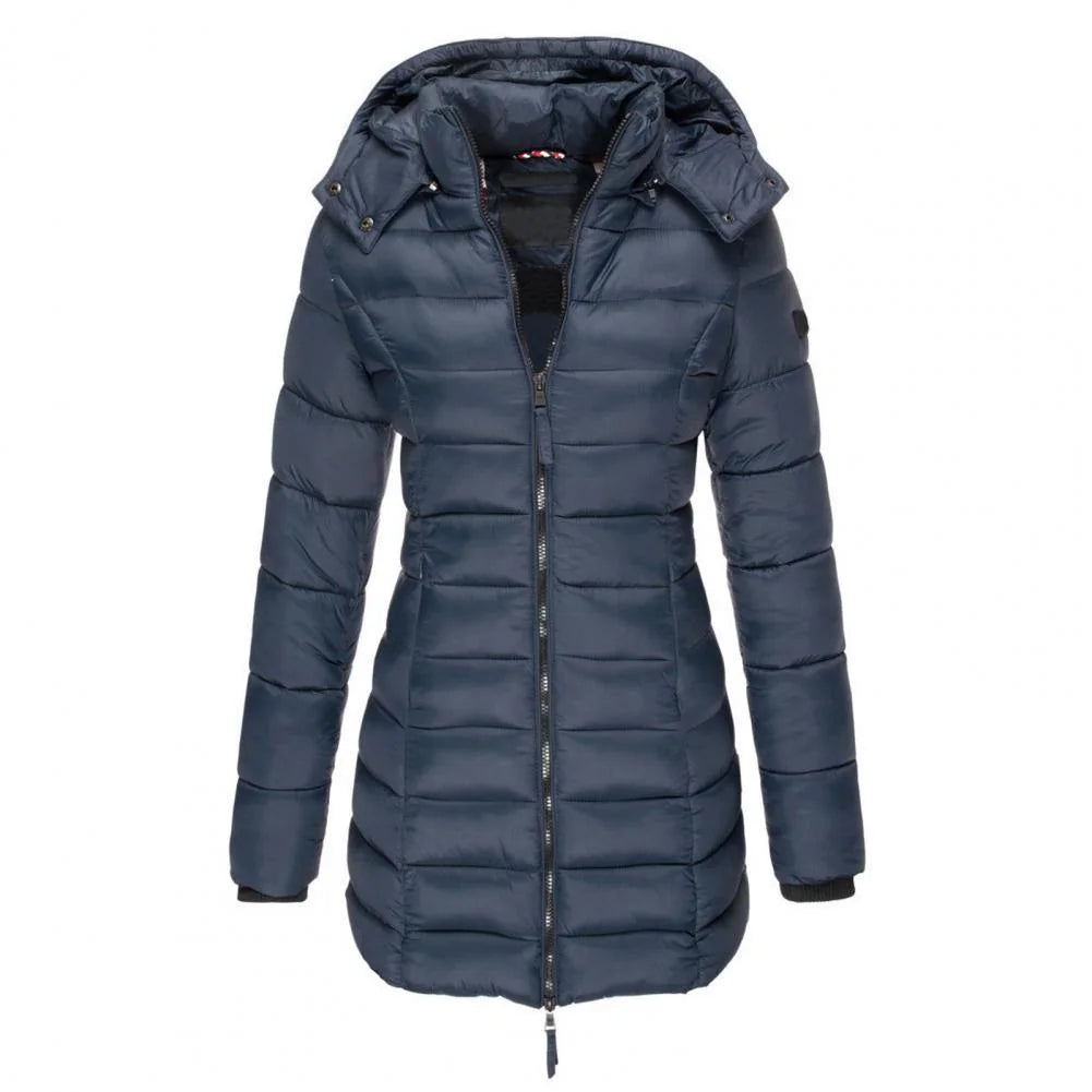 Navy Blue Women's Hooded Quilted Longline Jacket with Fitted Waist