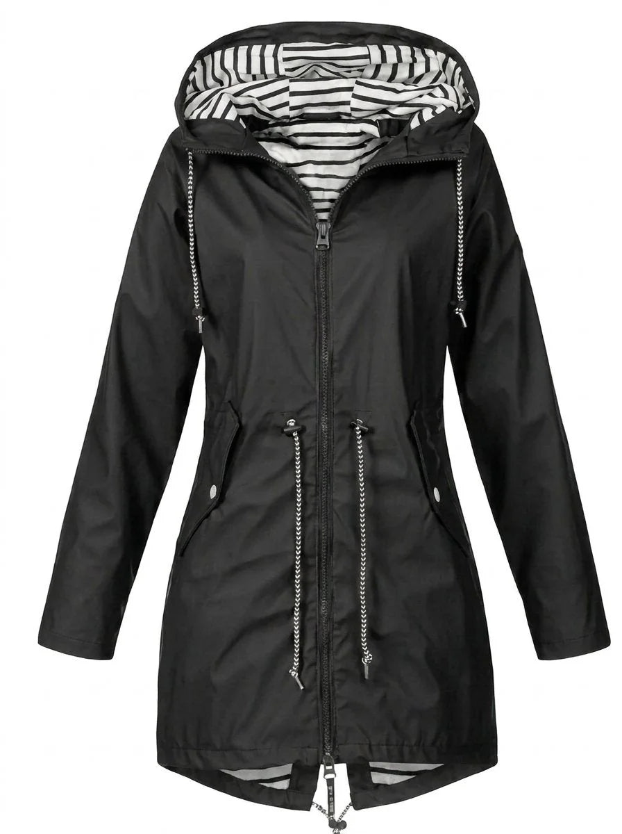 Black Women's Hooded Raincoat with Adjustable Drawstring Waist & Striped Hood Lining — Lacey