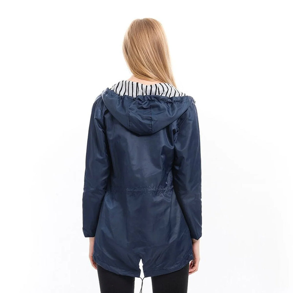 Blue Women's Hooded Raincoat with Adjustable Drawstring Waist & Striped Hood Lining — Lacey - Back Detail