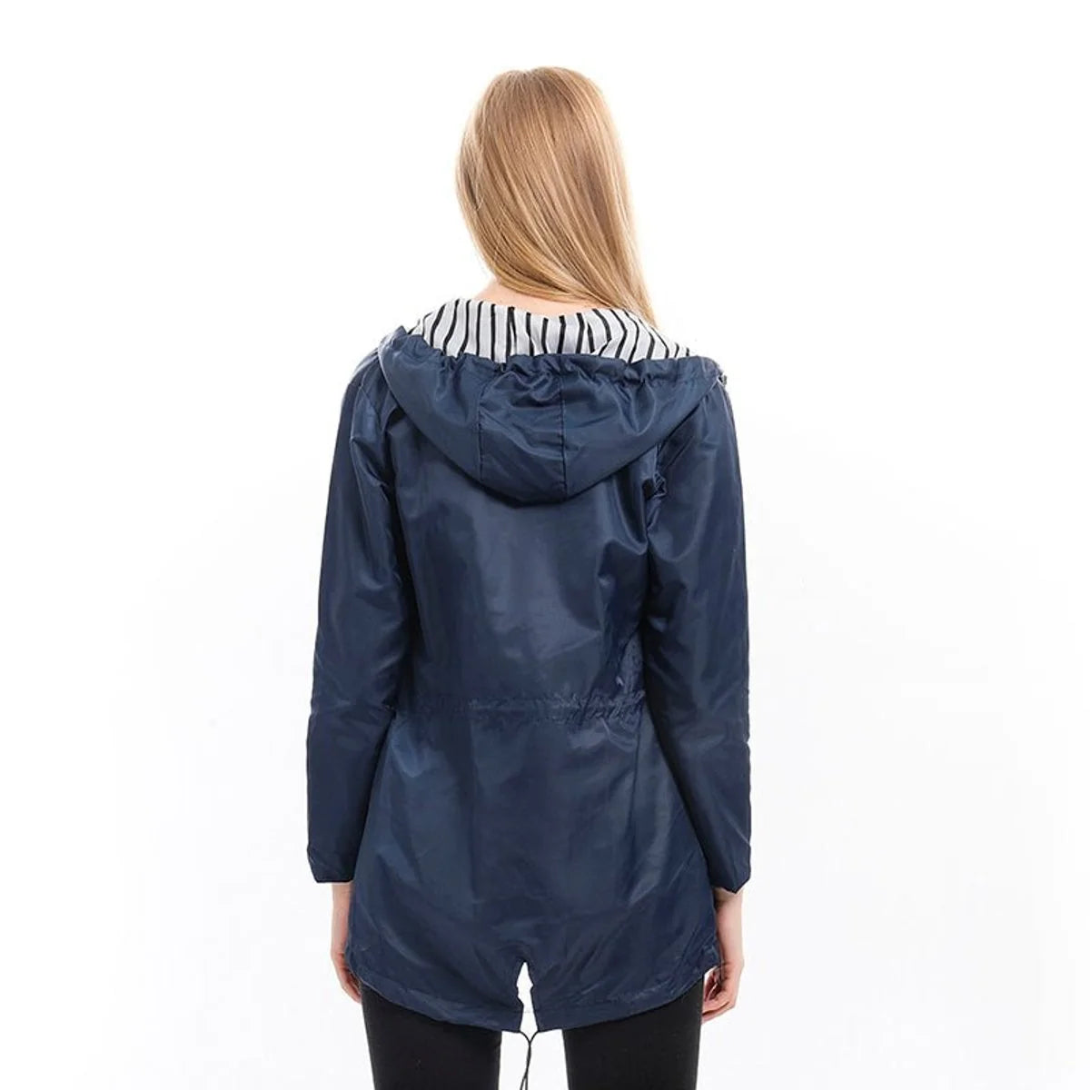 Blue Women's Hooded Raincoat with Adjustable Drawstring Waist & Striped Hood Lining — Lacey - Back Detail