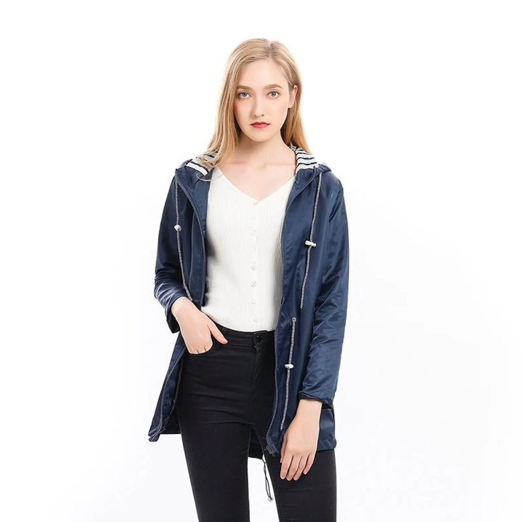 Blue Women's Hooded Raincoat with Adjustable Drawstring Waist & Striped Hood Lining — Lacey - Worn Lifestyle