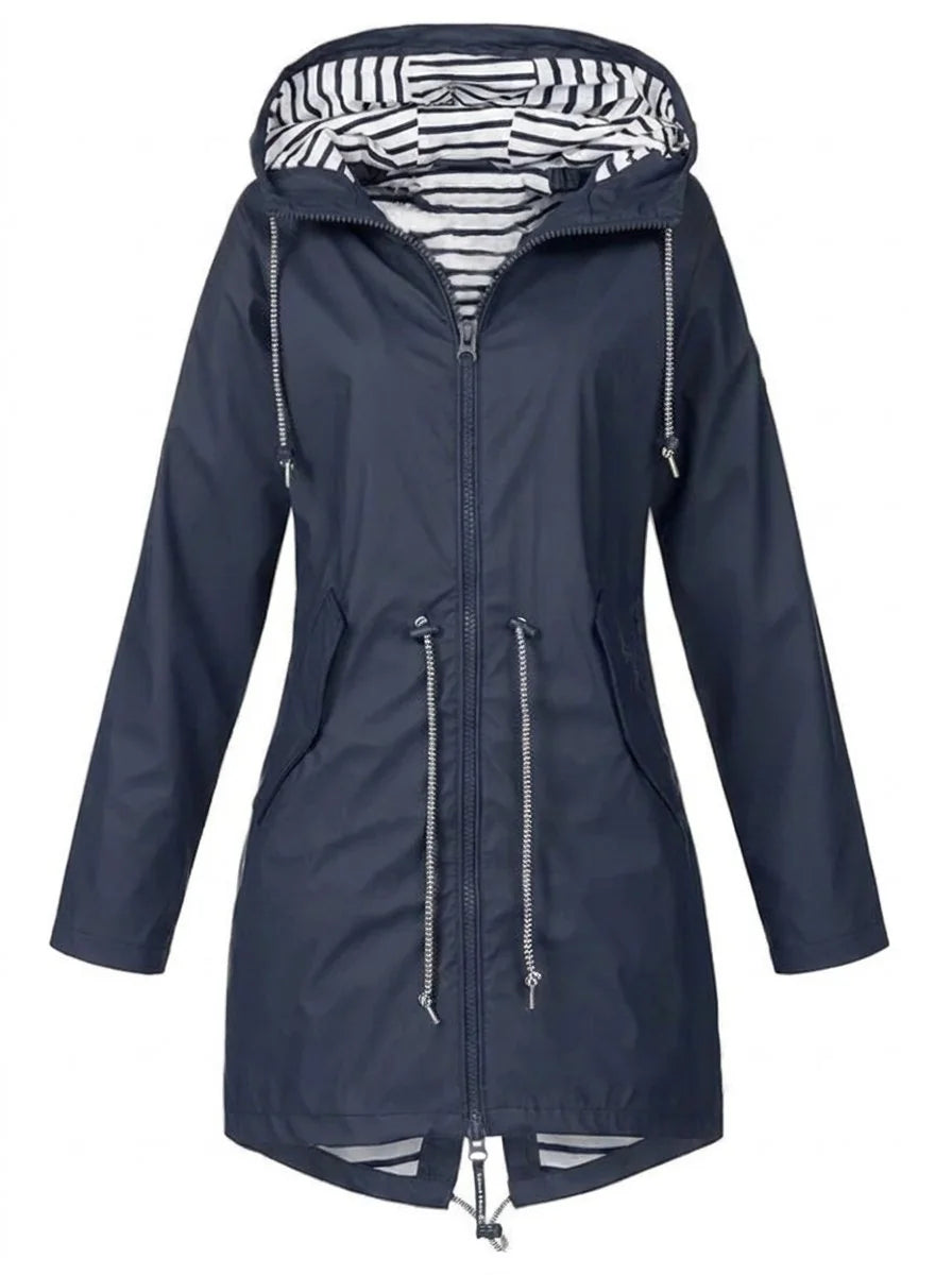 Blue Women's Hooded Raincoat with Adjustable Drawstring Waist & Striped Hood Lining — Lacey