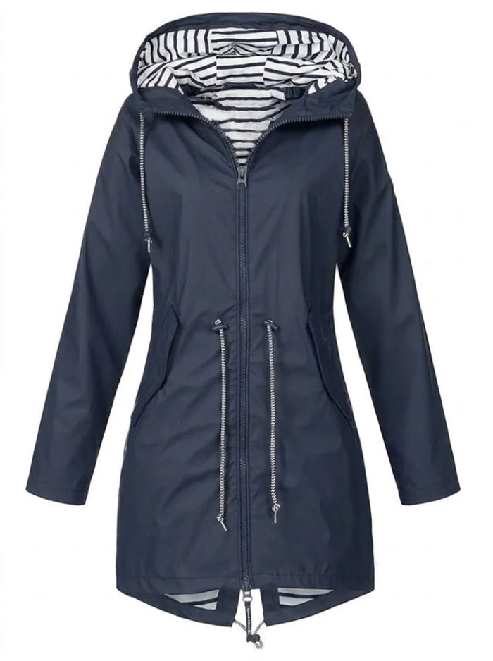 Blue Women's Hooded Raincoat with Adjustable Drawstring Waist & Striped Hood Lining — Lacey