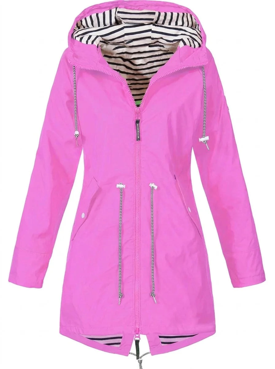 Pink Women's Hooded Raincoat with Adjustable Drawstring Waist & Striped Hood Lining — Lacey