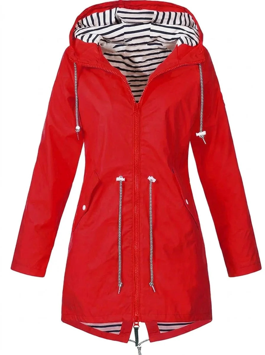 Red Women's Hooded Raincoat with Adjustable Drawstring Waist & Striped Hood Lining — Lacey