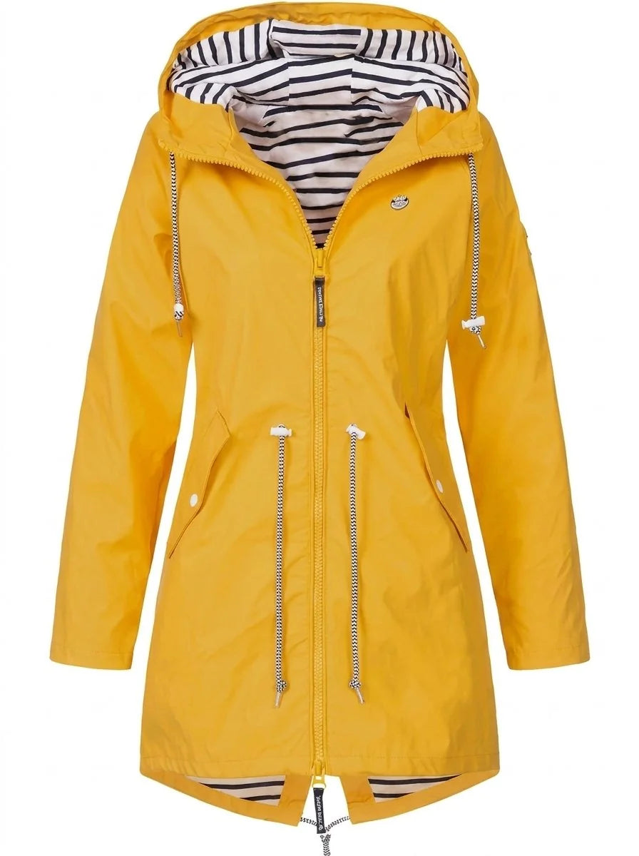 Yellow Women's Hooded Raincoat with Adjustable Drawstring Waist & Striped Hood Lining — Lacey