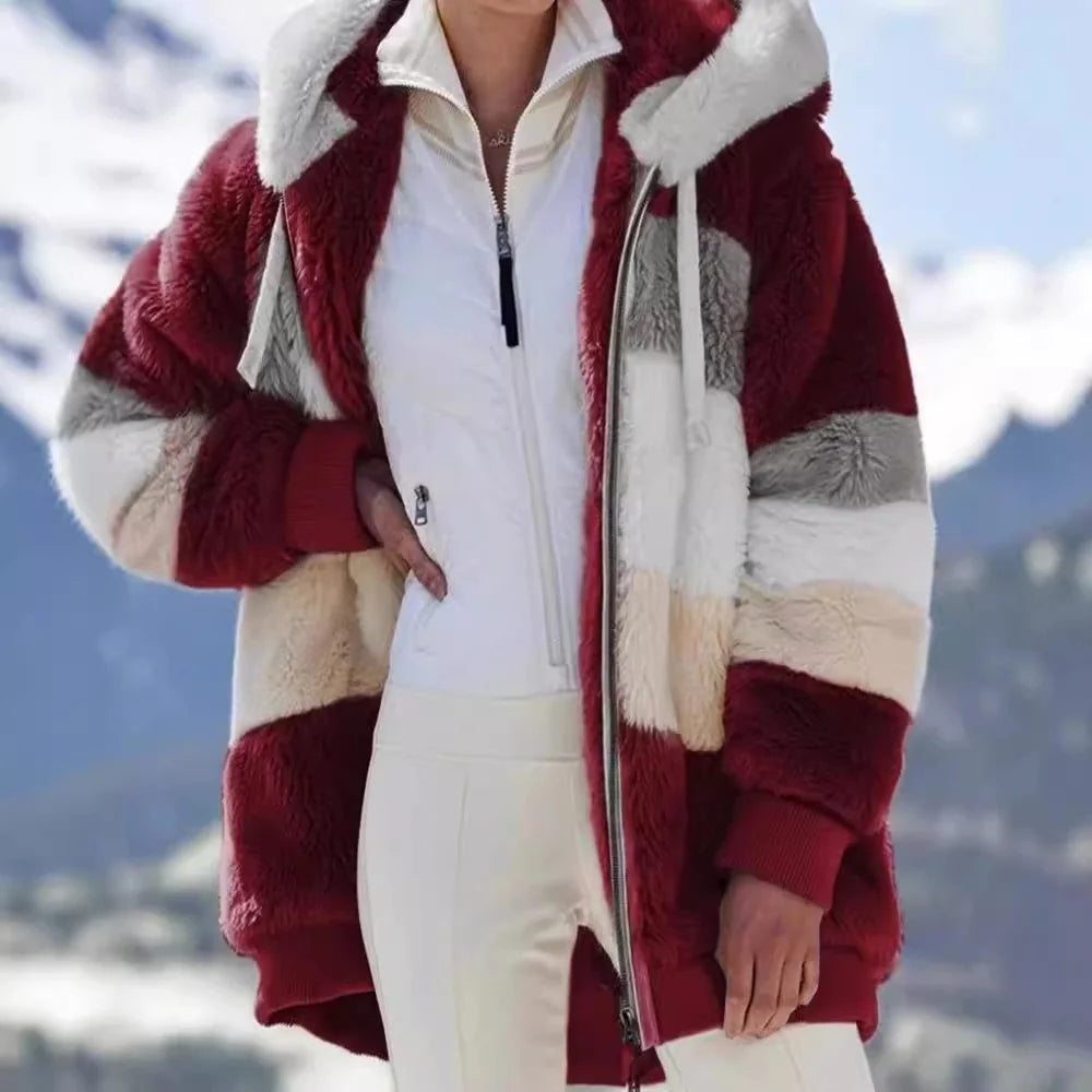 Burgundy Women's Teddy Jacket with Striped Hood & Oversized Relaxed Fit - Front Pose Snow
