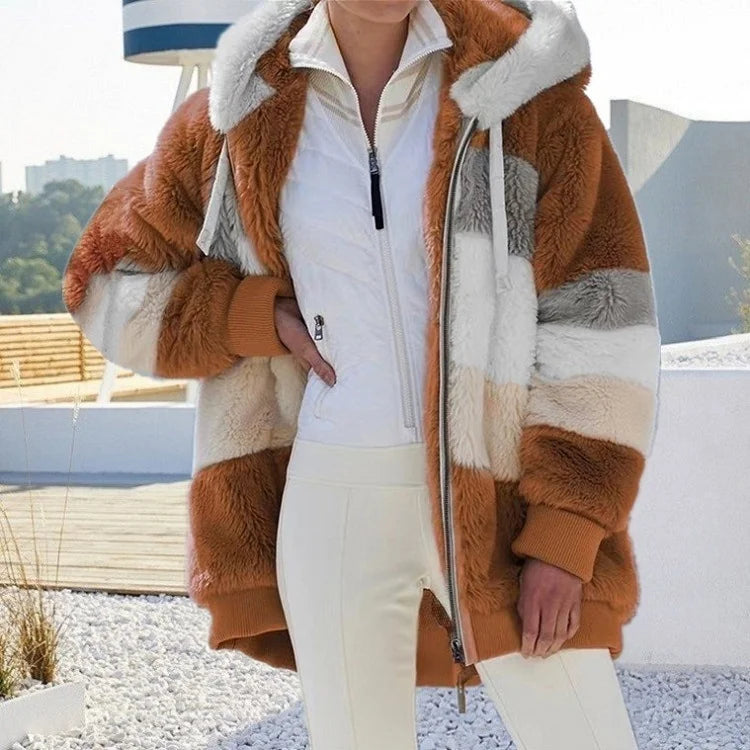 Dark Brown Women's Teddy Jacket with Striped Hood & Oversized Relaxed Fit - Front Full Rooftop