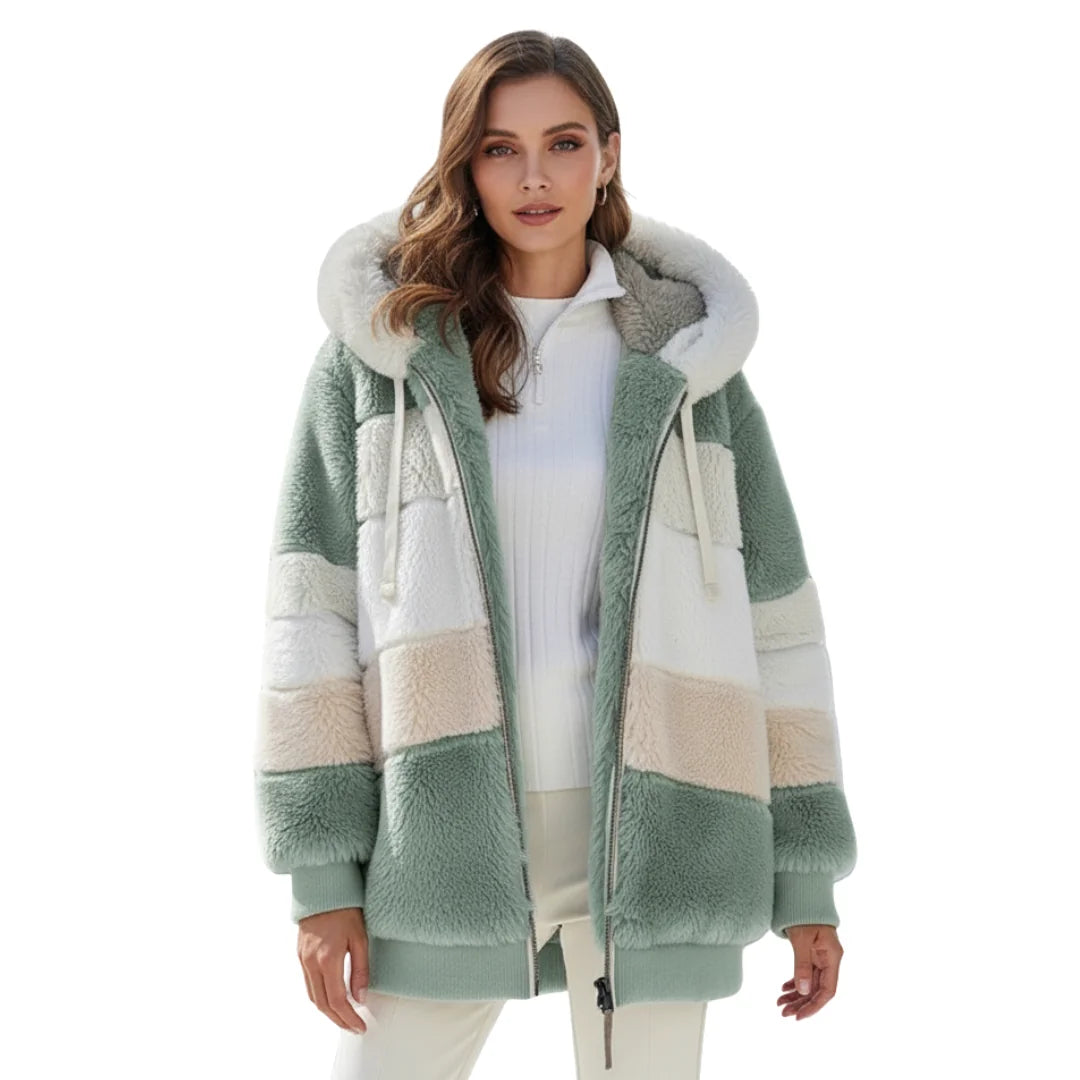 Green Women's Teddy Jacket with Striped Hood & Oversized Relaxed Fit