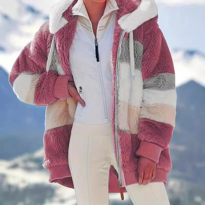 Pink Women's Teddy Jacket with Striped Hood & Oversized Relaxed Fit