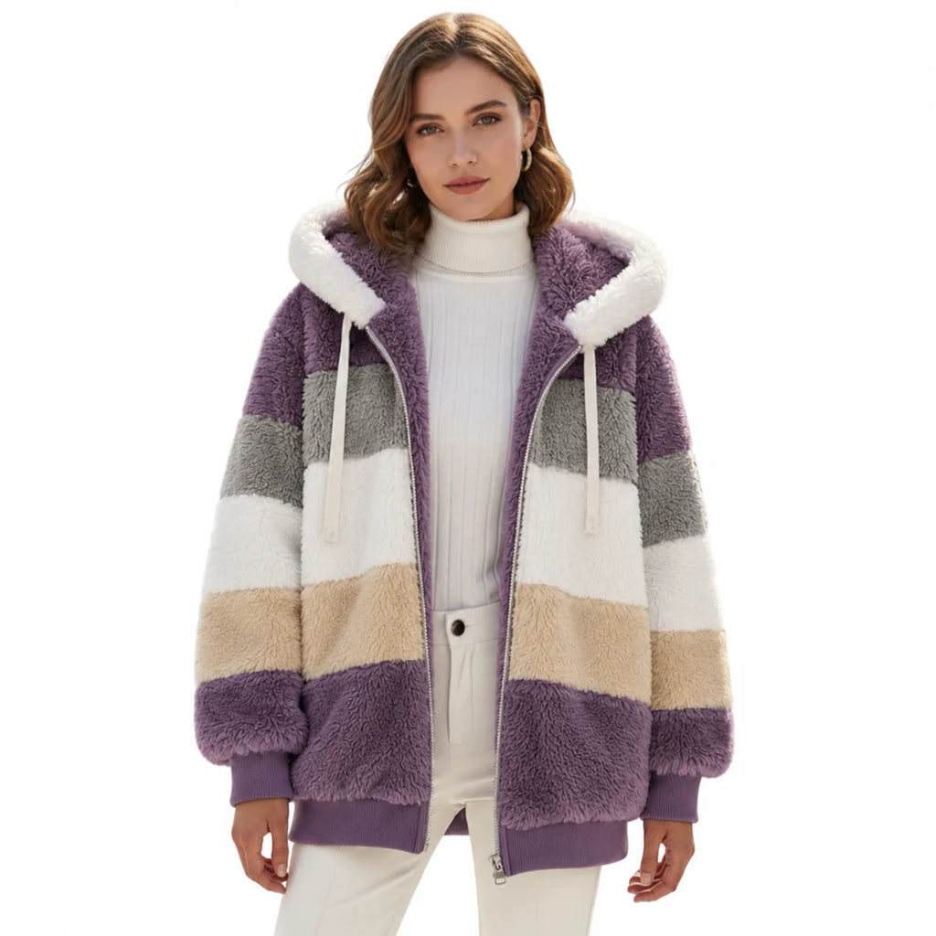 Lilac Women's Teddy Jacket with Striped Hood & Oversized Relaxed Fit - Studio Front