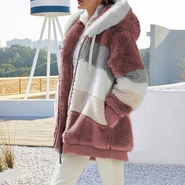 Red Women's Teddy Jacket with Striped Hood & Oversized Relaxed Fit