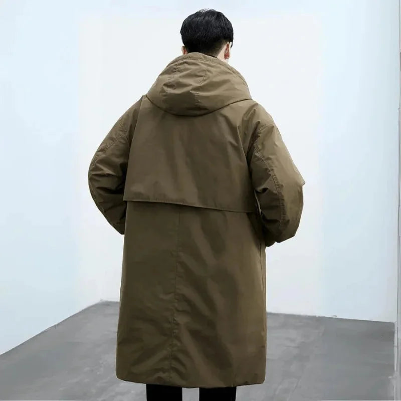 Army Men's Hooded Trench Coat with Zip-Button Closure & Oversized Fit — Hugo - Green Back Full