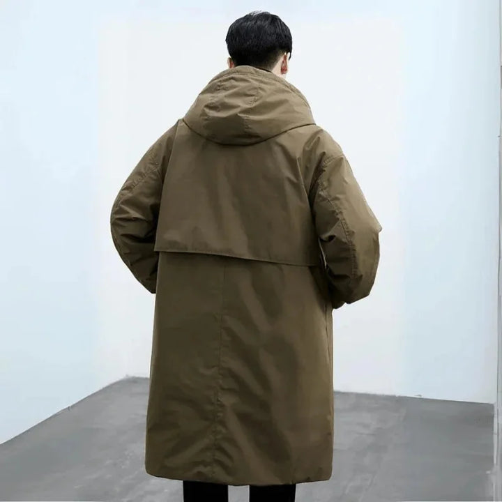 Army Men's Hooded Trench Coat with Zip-Button Closure & Oversized Fit — Hugo - Green Back Full