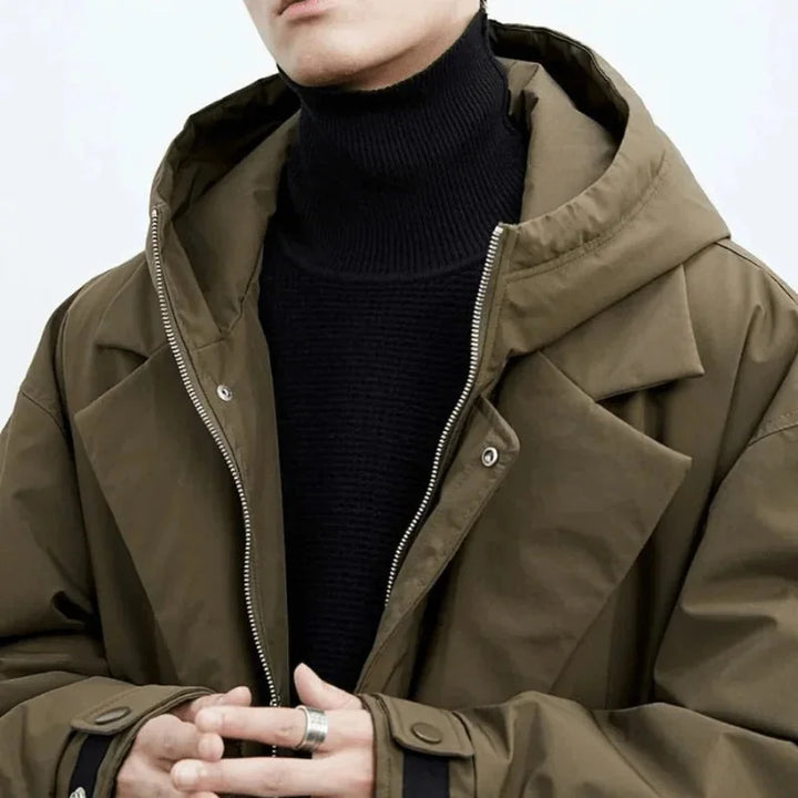 Army Men's Hooded Trench Coat with Zip-Button Closure & Oversized Fit — Hugo - Green Close Up Neckline