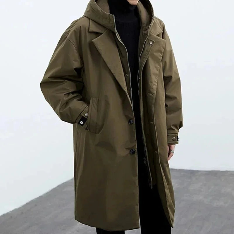 Army Green Men's Hooded Trench Coat with Zip-Button Closure & Oversized Fit - Front Full